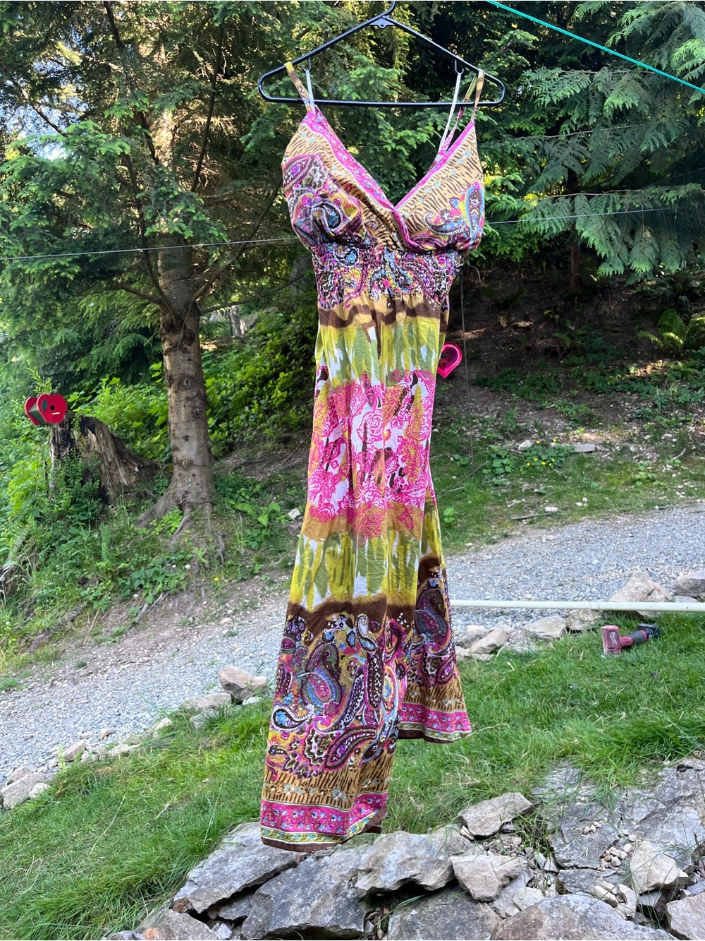 She's Cool Pink, Green & Brown Paisley Spaghetti-Strap Maxi Dress
